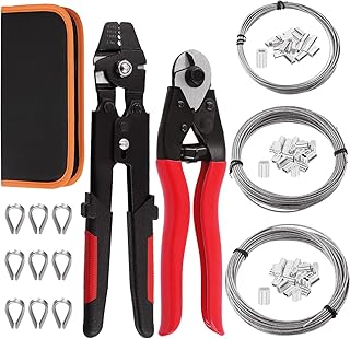 Swpeet 165Pcs Profession Up to 2.2mm Wire Rope Crimping Tool and Cable Cutter, Aluminum Double Crimping Loop Sleeve with Stainless Steel Thimble and 3 Sizes Wire Rope Assortment Kit for Wire Crimping