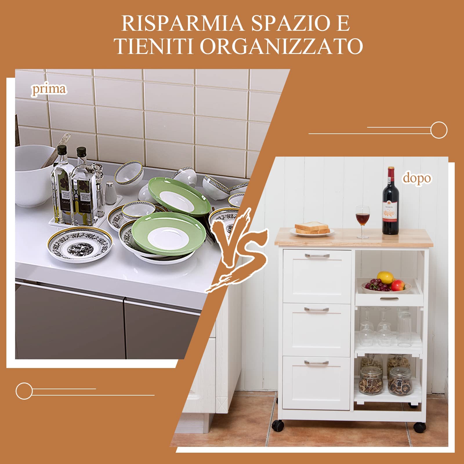 RELAX4LIFE Carrello da Cucina con Ruote Girevoli, Credenza Portaoggetti in Legno Robusto con 3 Cassetti e 3 Ripiani, Carrello di Servizio Pratico e Salvaspazio per Sala da Pranzo (Bianco)
