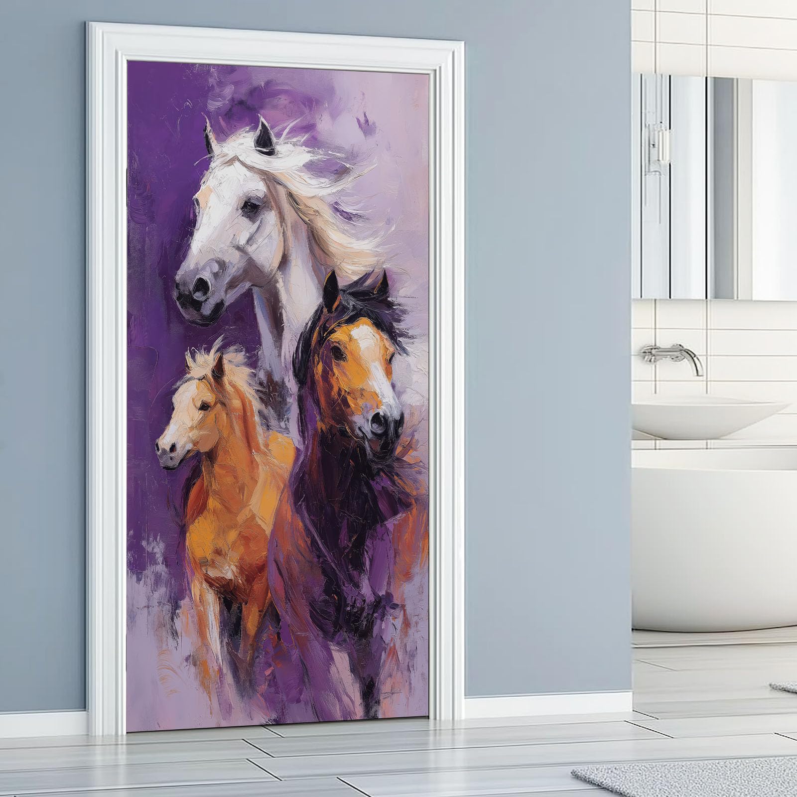 Adesivo per porta con cavallo, motivo astratto graffiti con animali, in PVC, impermeabile, rimovibile, viola, per camera da letto, soggiorno, decorazione per la casa, 95 x 210 cm