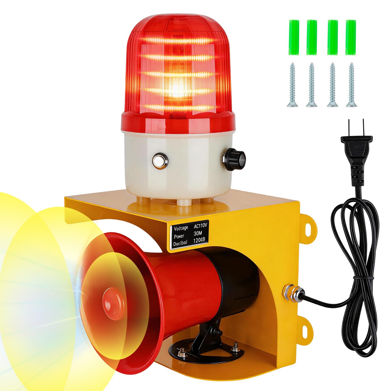 Sirène industrielle 110 V - Lumière stroboscopique - Klaxon fort de 120 dB et balise rouge étanche pour urgence, usine, incendies, tornade, dissuasion d'intrus (avec interrupteur et volume