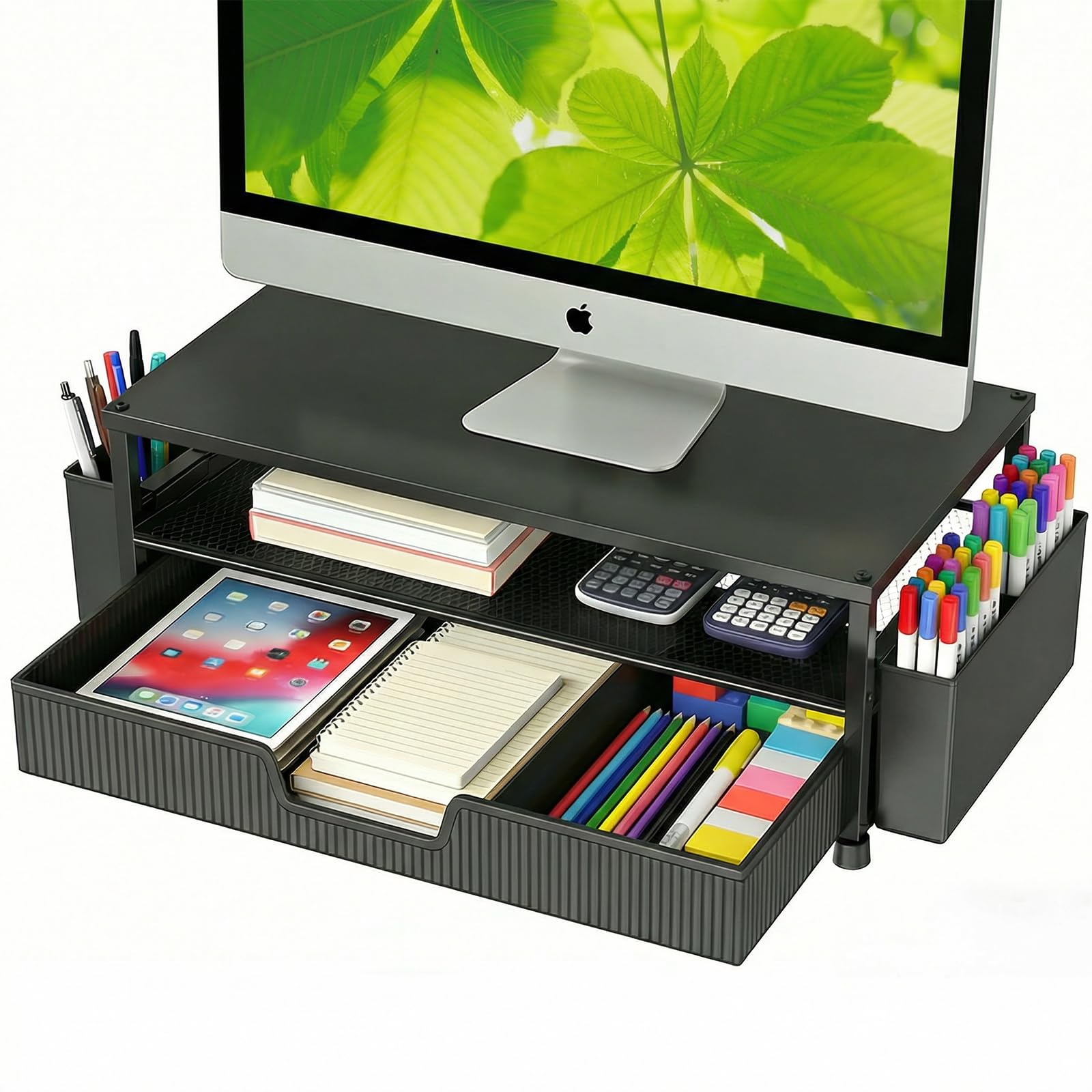 ECOLOVI Desk Organizer and Accessories 2-Tier Computer Monitor Stand Rise with Storage Drawer 2 Pen Holders Laptop Printer