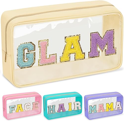 izuzta Bolsa de maquillaje de parche Preppy, bolsas de maquillaje transparentes con cremallera, GLAM-Beige
