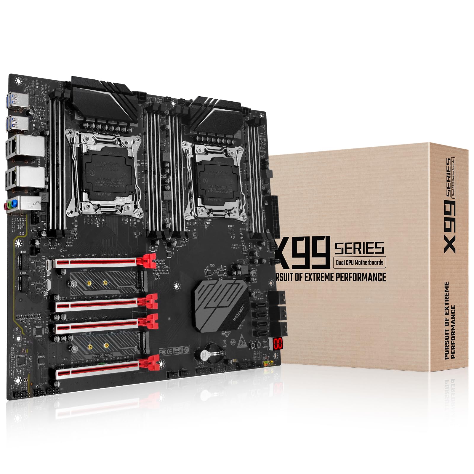 MACHINIST X99 Dual CPU Motherboard, Intel (5th/6th Gen) LGA 2011-V3 Computer Server Motherboards (E-ATX, PCIe 3.0, DDR4, Dual LAN, M.2, SATA 6Gb/s) for Intel Core i7, XEON E5 V3/V4 Series X99-D8 (Red)