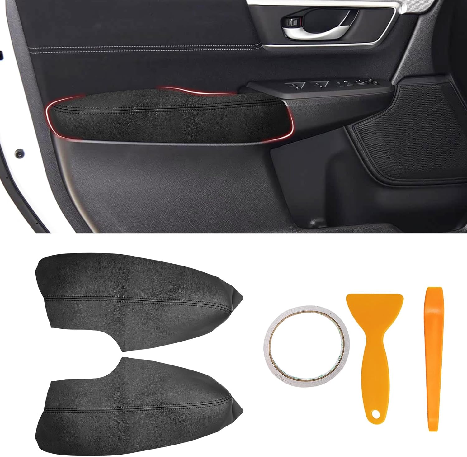 Compatible with Front Door Panels Armrest Cover for Honda CRV 2017-2025 Leather Left & Right Front Door Armrest Trim with Installation Tool 2PCS Black (Leather Only)