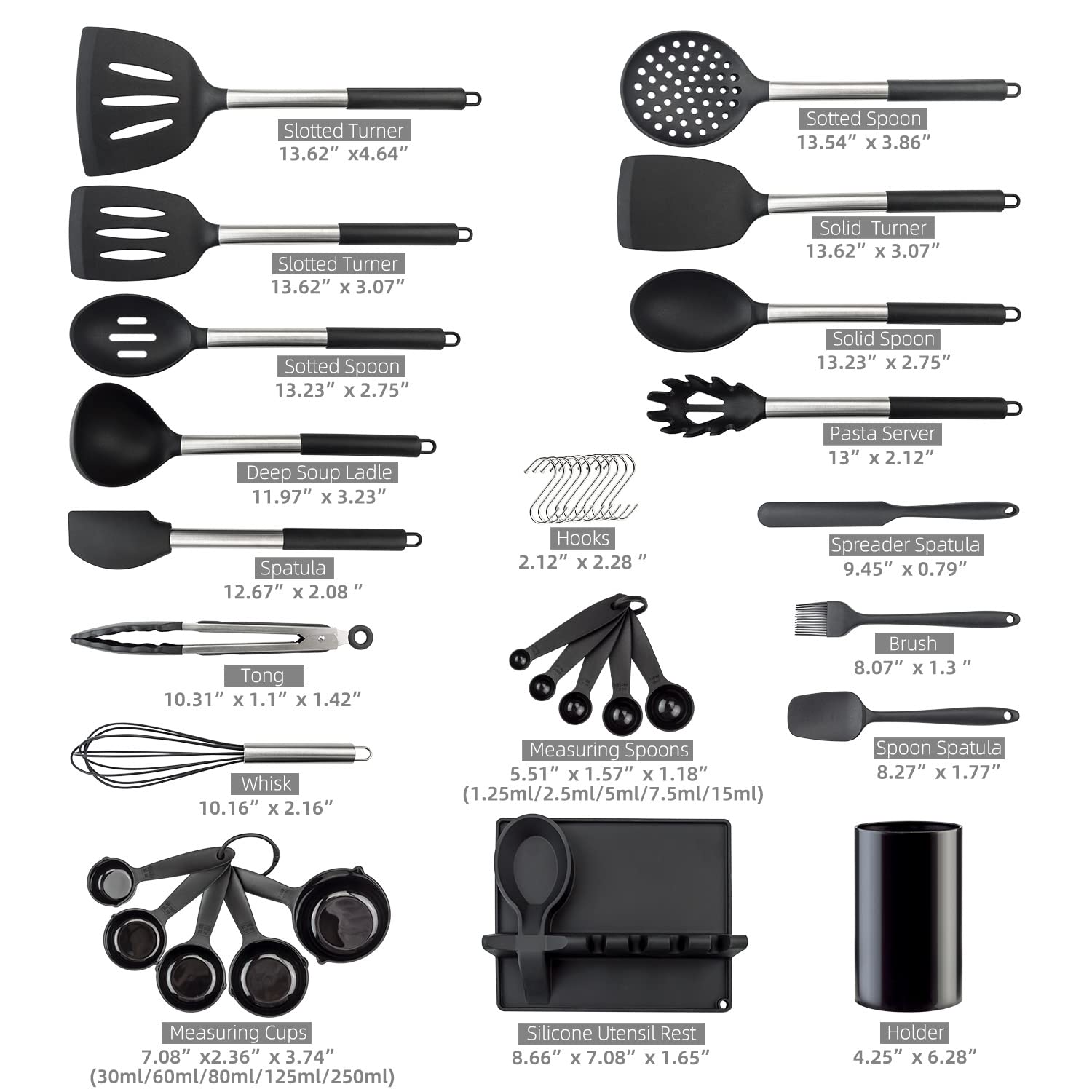 Silikon-Küchenhelfer-Set, hitzebeständig, Küchenutensilien-Set, Edelstahl-Silikonutensilien-Set für antihaftbeschichtetes Kochgeschirr, BPA-frei, spülmaschinenfest