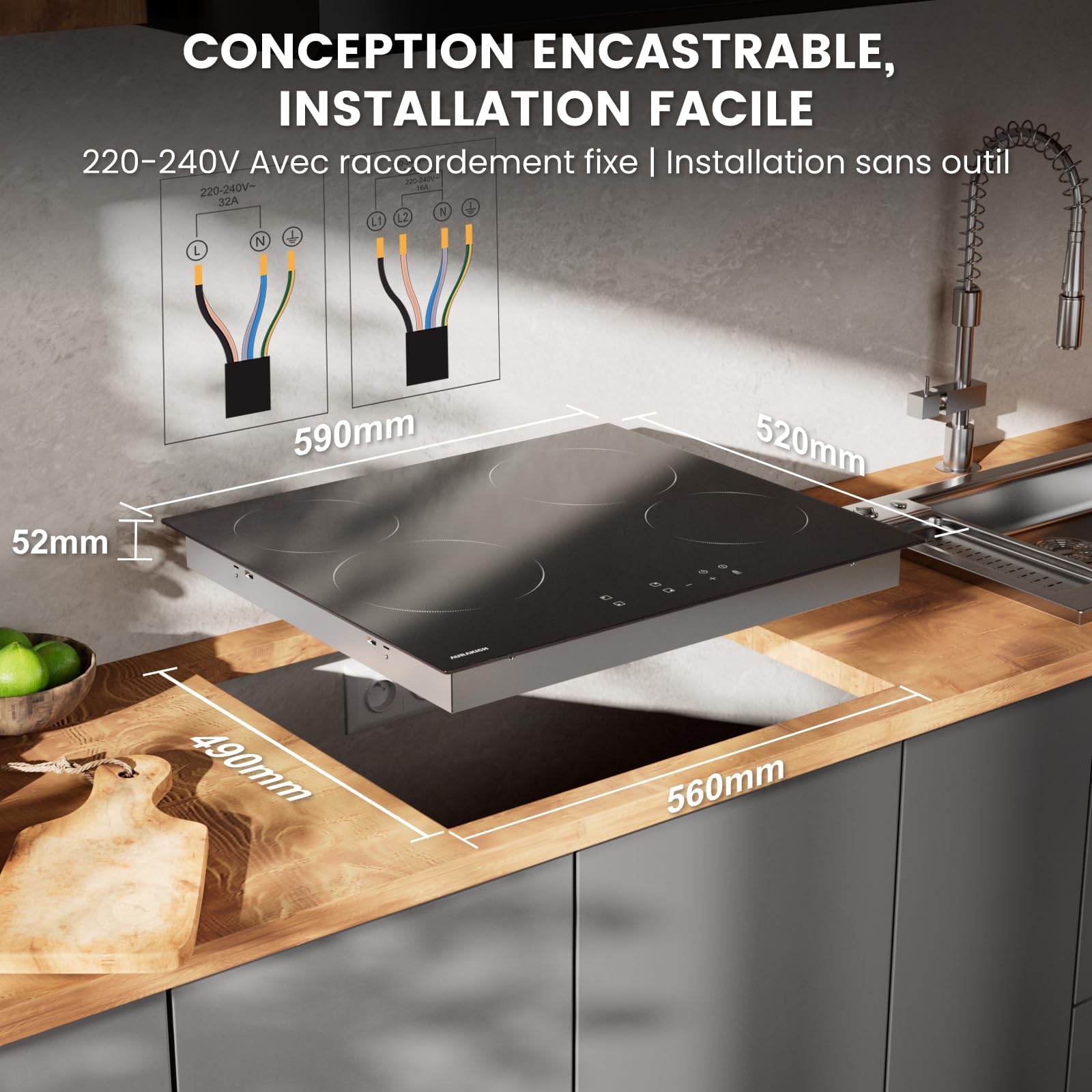 Plaque Vitrocéramique 4 Feux Encastrable 60cm – Plaque de Cuisson Electrique 6000W, Verre Vitrocéramique Antiusure et Garantie 2 Ans, Commande Tactile, Minuteur, Compatible Tous Poêlons