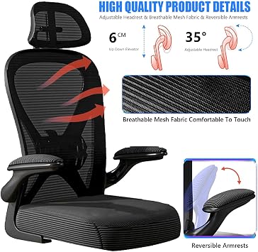 Office Chair Ergonomic Computer Chair High Back Adjustable Desk Chair with Flip-up Armrest, Swivel Mesh Task Gaming Chair for Home Office Work Study