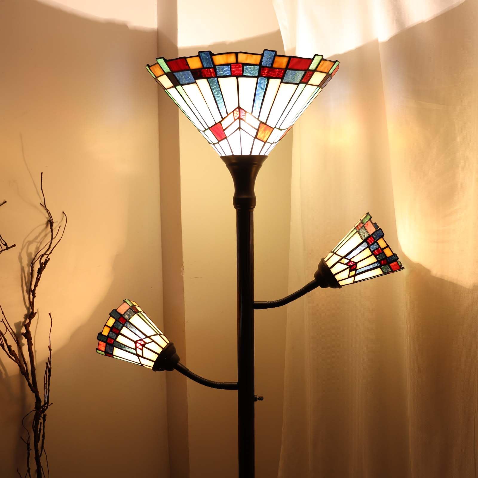Bieye Tiffany Lampa podłogowa z 3 lampkami do czytania z regulowanymi lampami do czytania, do salonu, wysokość 178 cm (biała, misja)