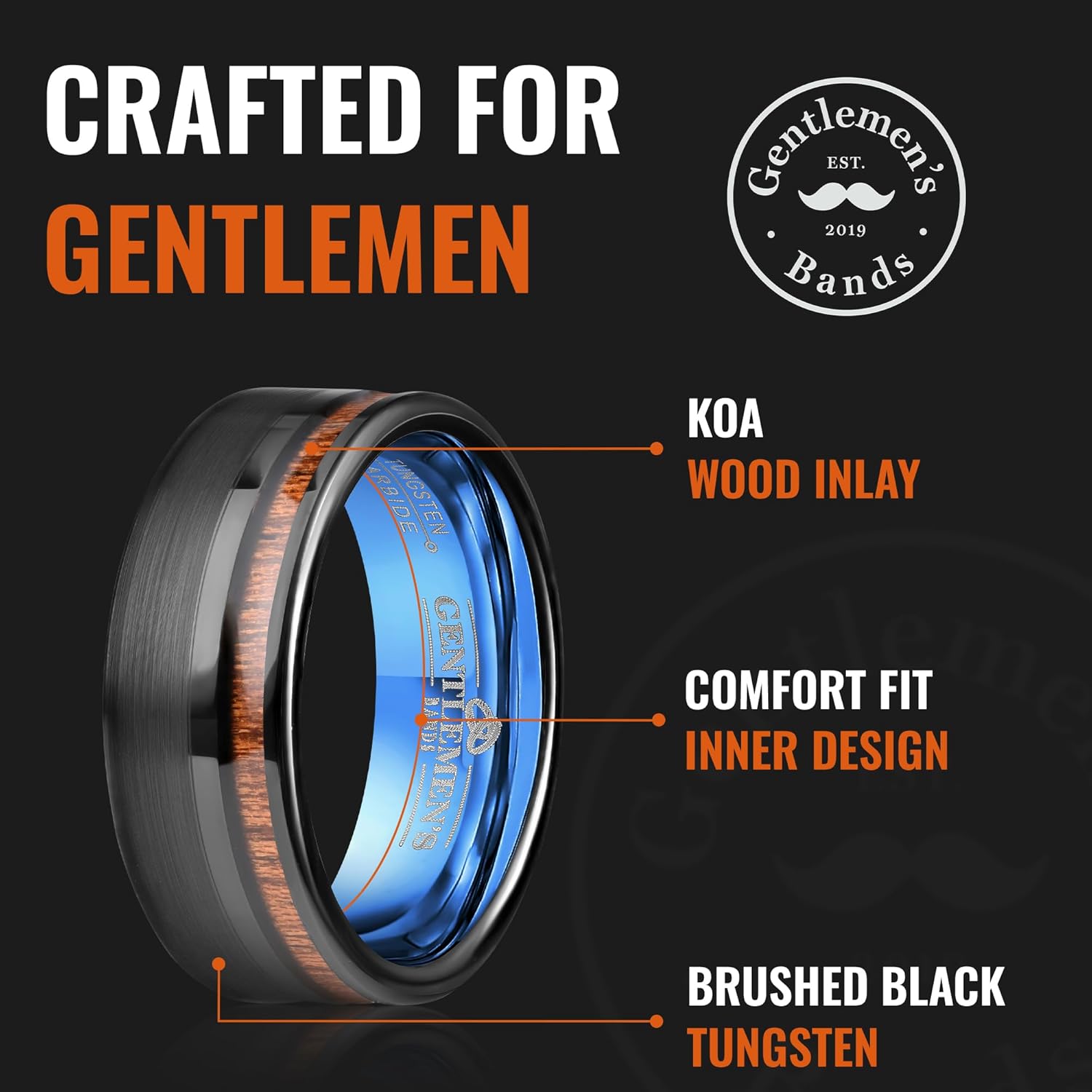 Men's Brushed Black Tungsten Carbide Wedding Band - Premium Grade Hawaiian Koa Wood Inlay Wedding Ring- Includes Silicon Band, Leather Drawstring Pouch, & Premium Finished Walnut Ring Box
