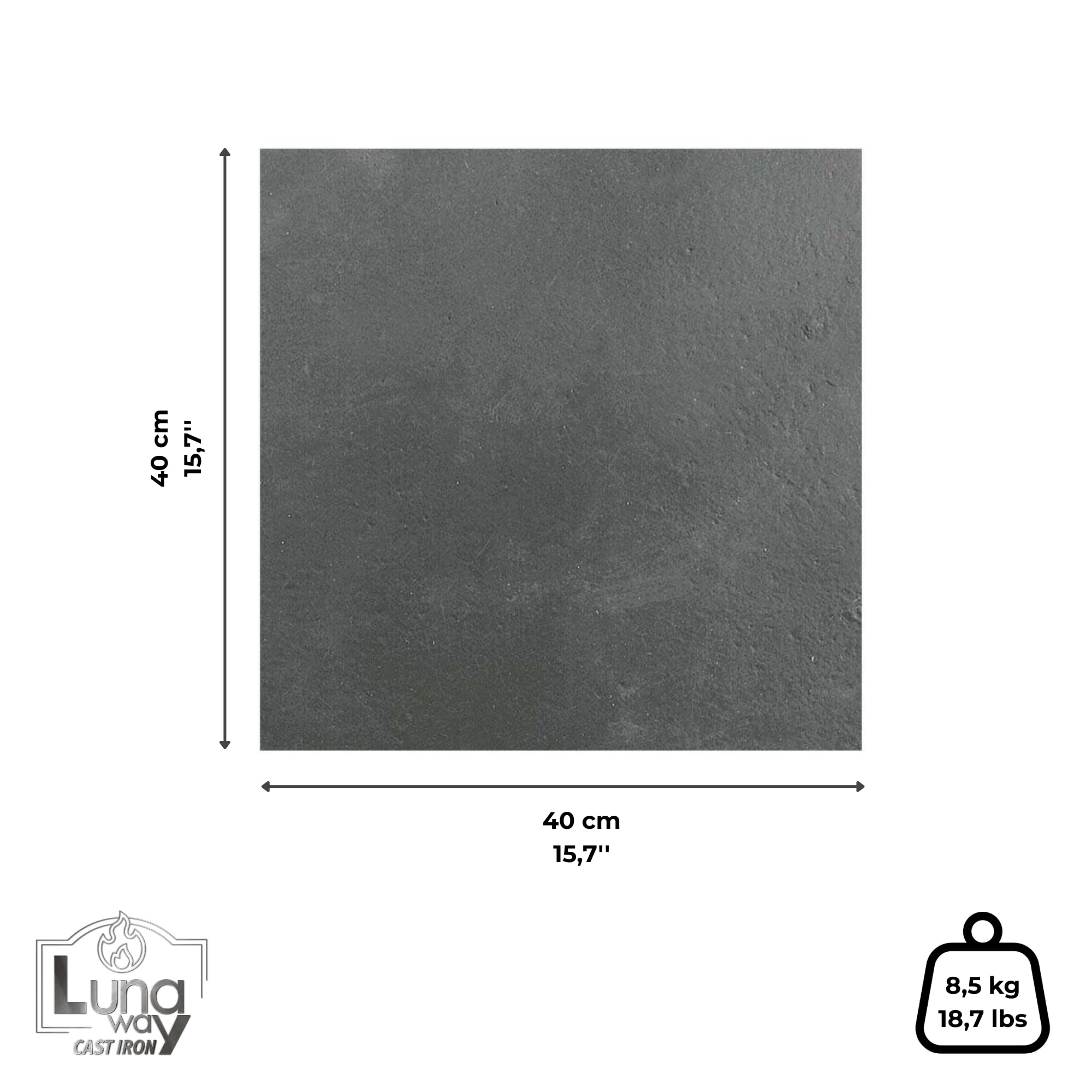 Lunaway – Placa Lisa de Hierro Fundido para Revestimiento de Chimenea | Grosor 0,8 cm (40 x 40 cm)