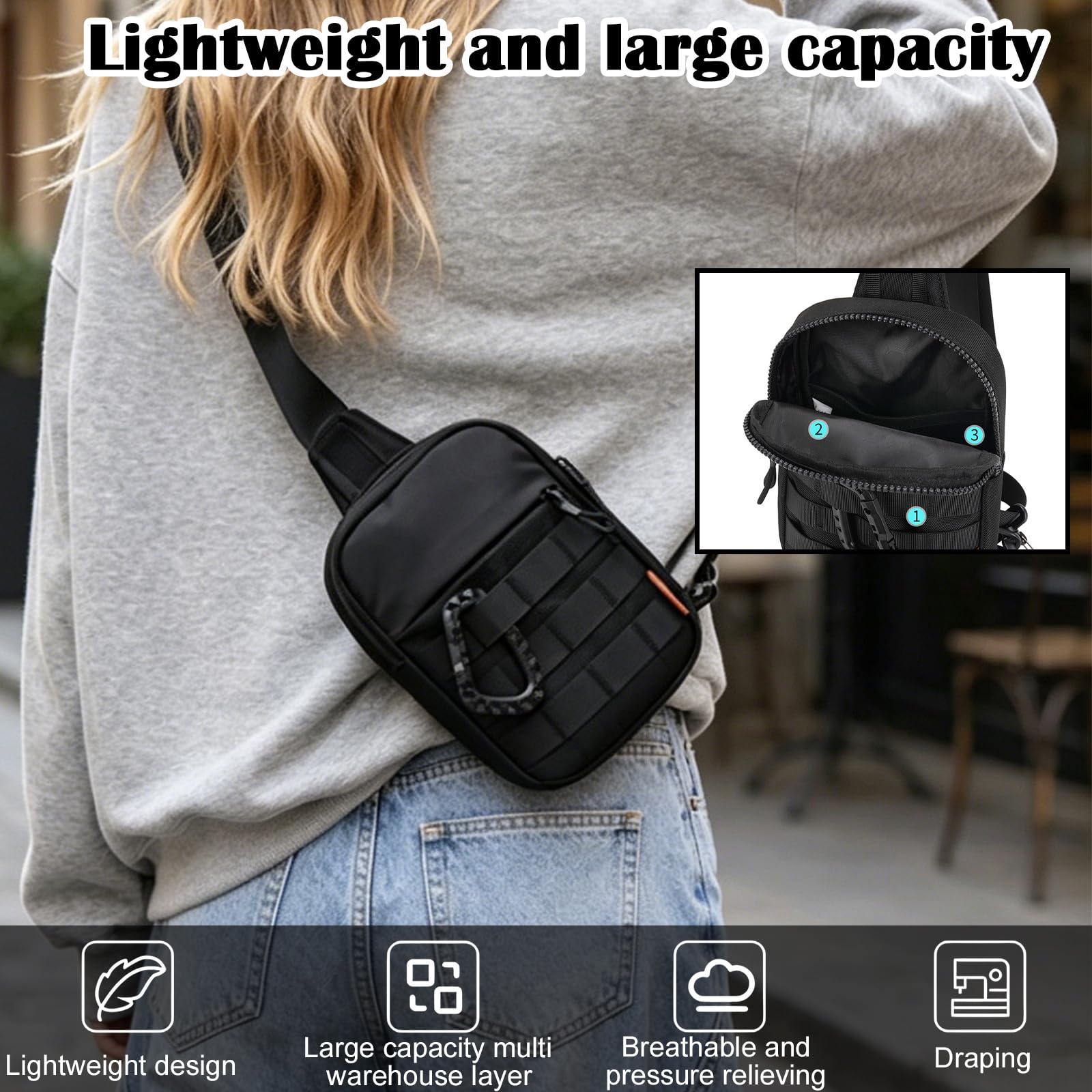 Anti Diebstahl Sling Bag, Klein Umhängetasche Chest Schwarz Crossbody Bag Brusttasche Herren Schultertasche, Tasche Handtasche mit Reißverschluss Lock, RFID-Blockierung, 21x15x6 cm