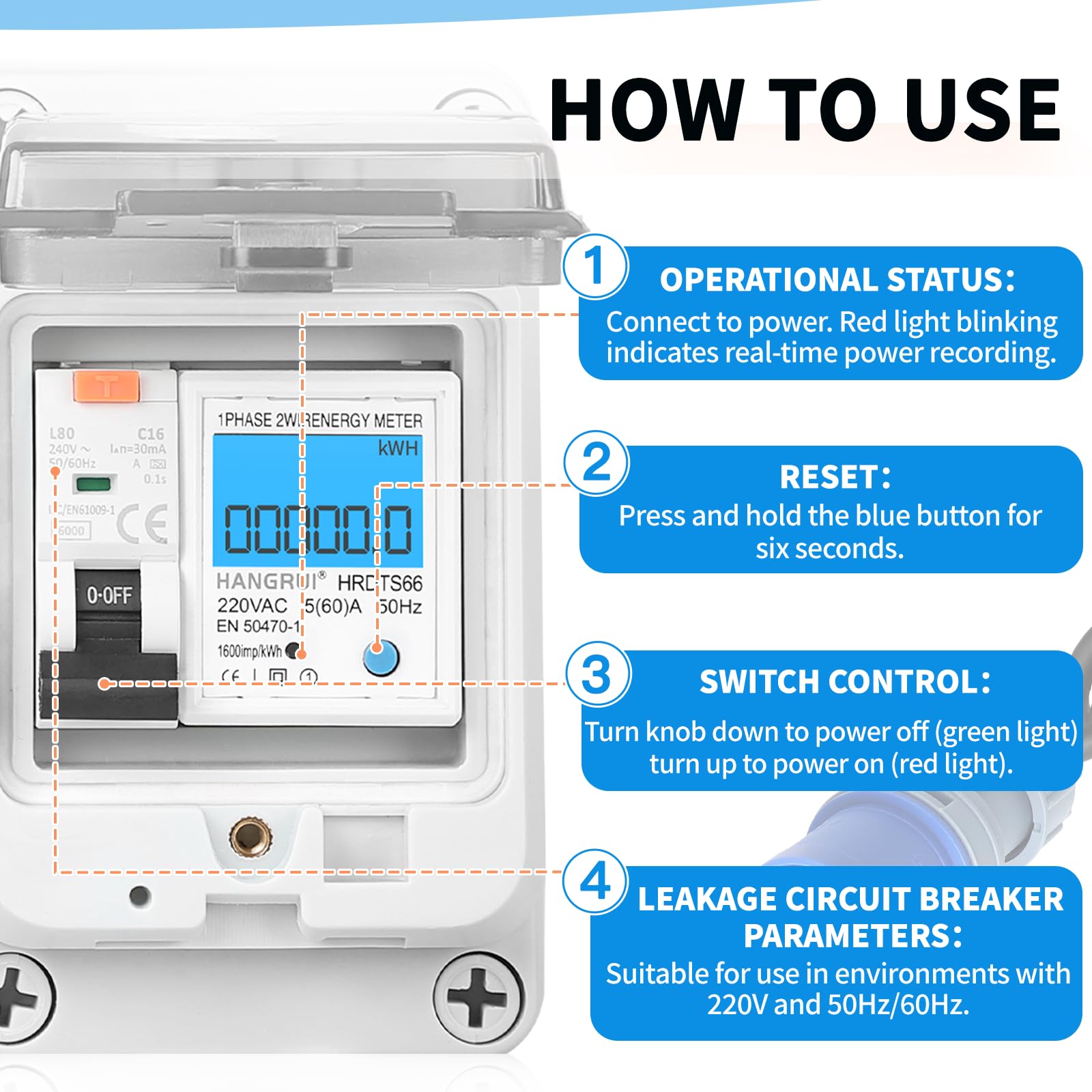SWAWIS Wattmetre Numérique Mobile 230V 16A - Wattmètre Numérique avec Disjoncteur FI Type A, Prise CEE IP44, Boîtier IP67 Prise Compteur D'énergie pour Camping-cars Véhicules Electriques