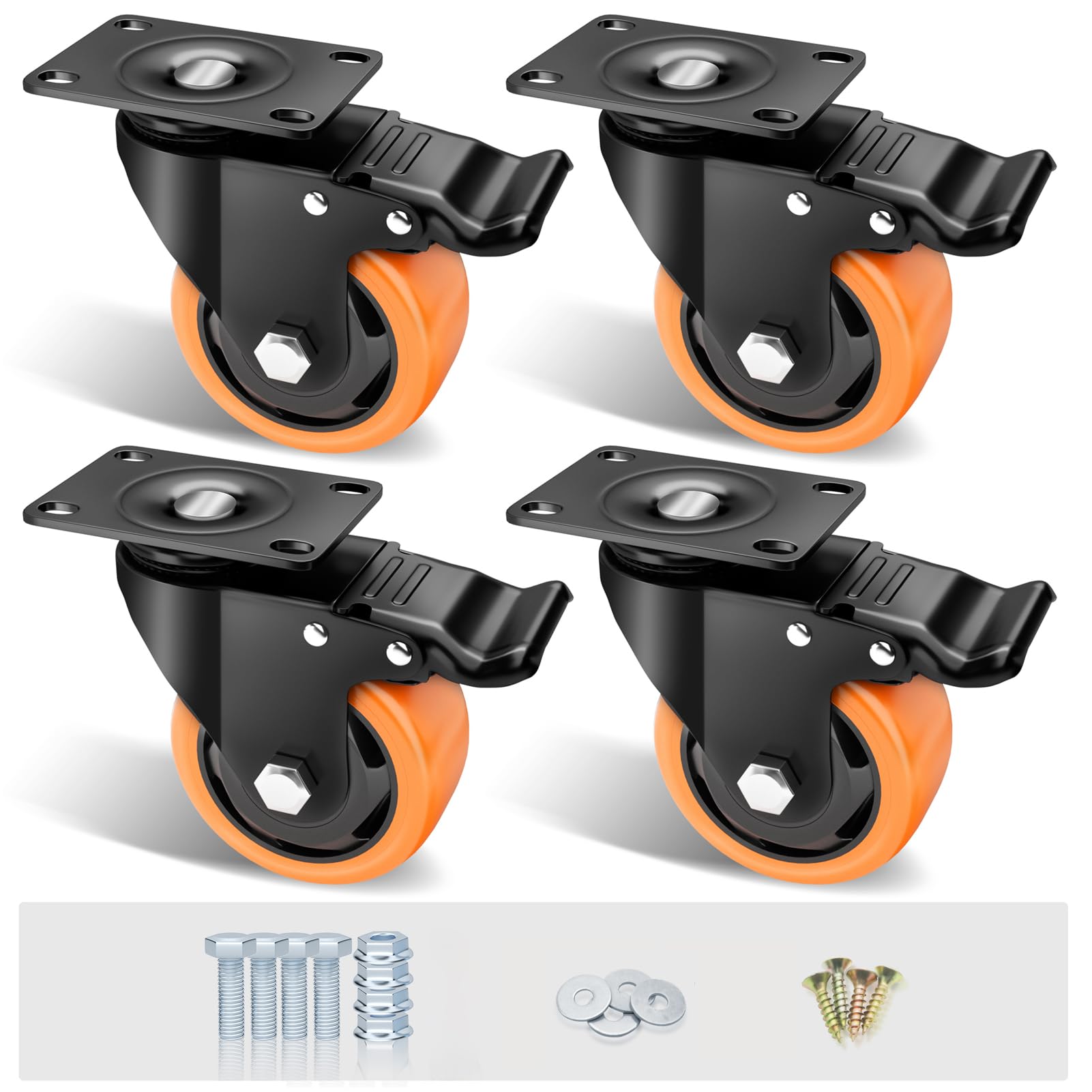 ASHGOOB 3" Caster Wheels Set of 4, Heavy Duty Casters with Brake, No Noise Locking Casters with Orange Polyurethane (PU) Wheels, Swivel Plate Castors Pack of 4 (B0B75K9NDN) Amazon Price History, Amazon Price Tracker