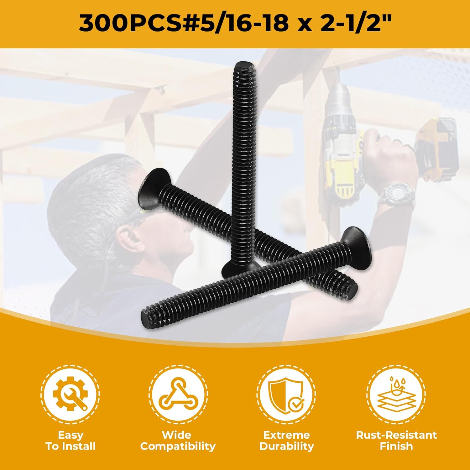 Craedli 5/16-18 x 2-1/2" Trailer Deck Screws,Flat Head Floorboard Screws, Type F, (Star - Six Lobe - Torx Drive), Black Phosphate Finish, Countersunk，Pre-Drilling Required(300pcs)