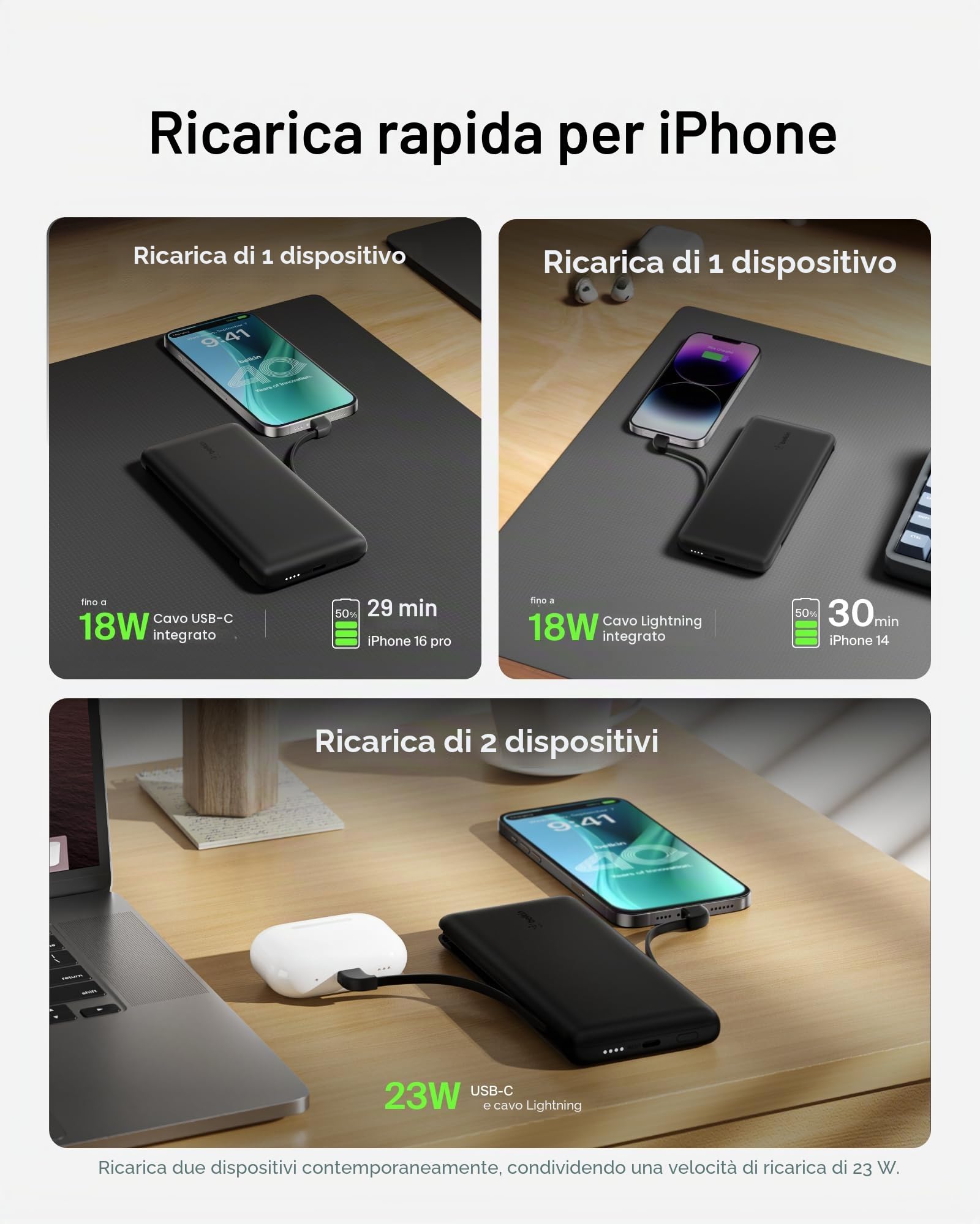 Belkin BoostCharge Plus Batteria esterna portatile 10K (power bank 10.000 mAh con cavi Lightning (MFI) e USB-C integrati e porta di ricarica USB-C aggiuntiva) - Nero