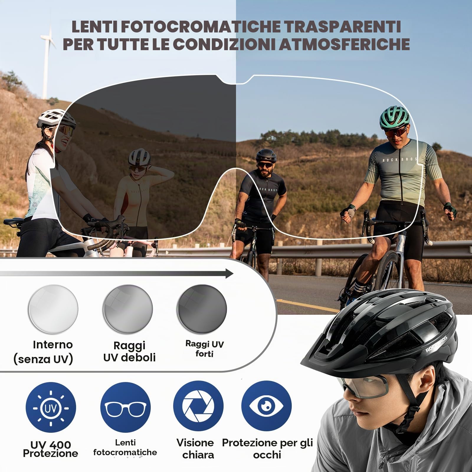 ROCKBROS Casco Bici con Luce di LED, Casco per Bici con Visiera Traspirante Lenti Magnetiche UV400, Caschi da Bicicletta Regolabile Uomo Donna MTB, 55-61 cm