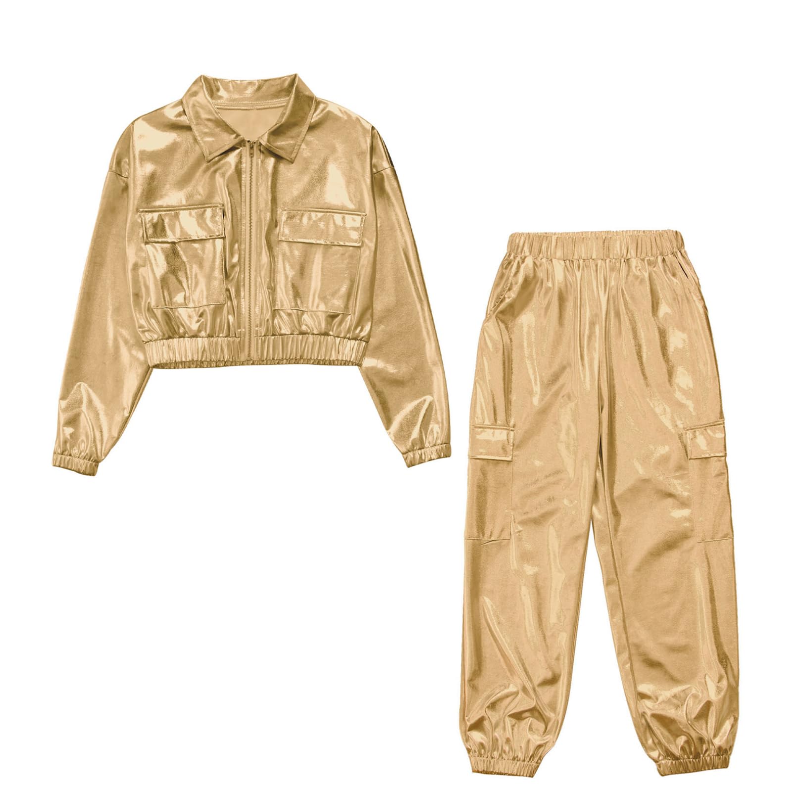 ranrann Unisexe Enfant Pantalon Métallique Brillant et Veste Ensemble Costume Disco Danse Moderne Jazz Hip Hop pour Garçon Fille