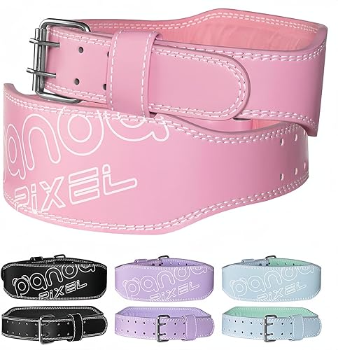 Pixel Panda - Cinturón de levantamiento de pesas, cinturón de gimnasio de cuero para mujer, soporte lumbar acolchado de 4 pulgadas para mujeres,