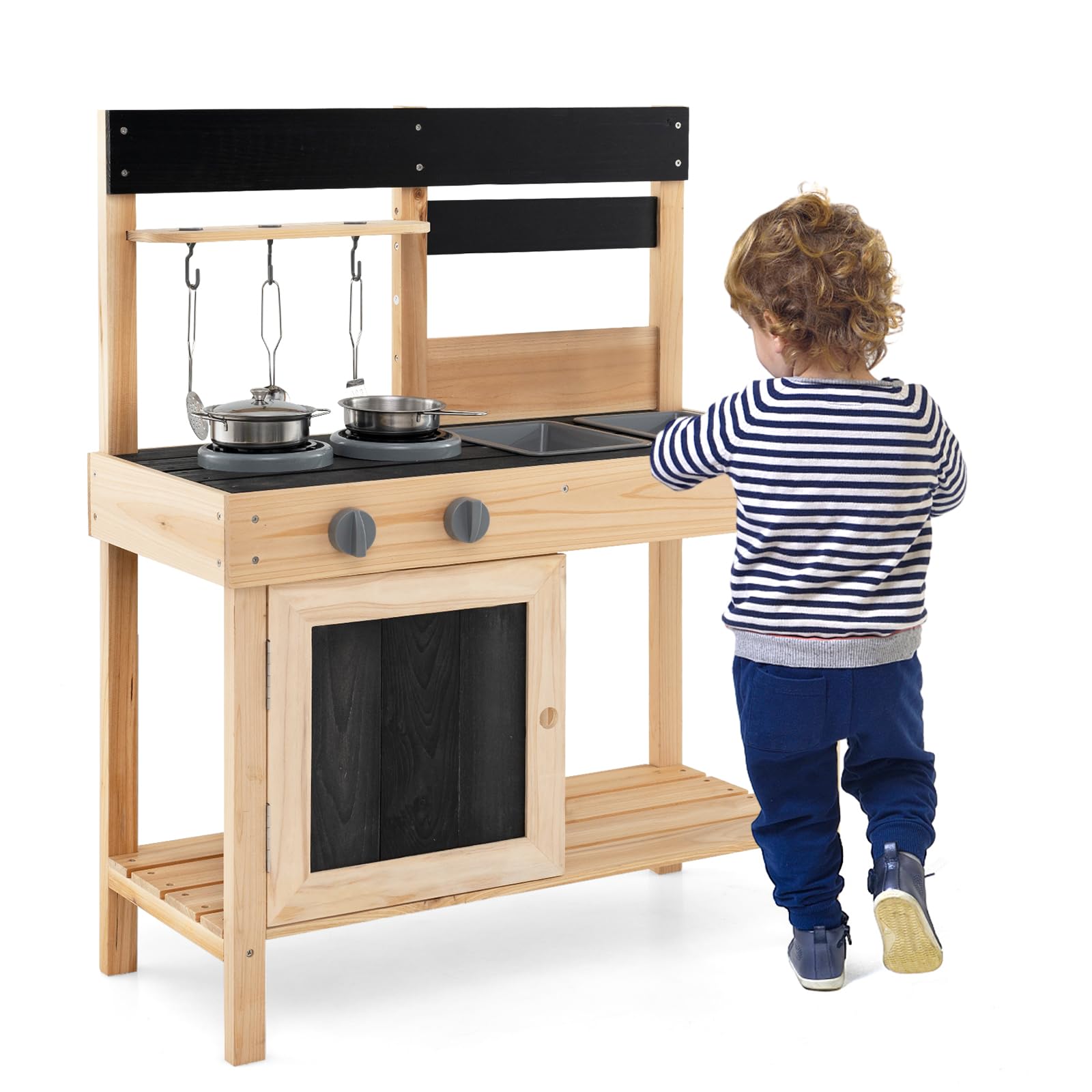 HOMASIS Matschküche Kinder Outdoor, Kinderküche mit 2 Spülen, Herd & Kreidertafel, Spielküche Holz mit Zubehör, Spielzeugküche mit 3 Haken & Regalen, für Kinder ab 3 Jahren