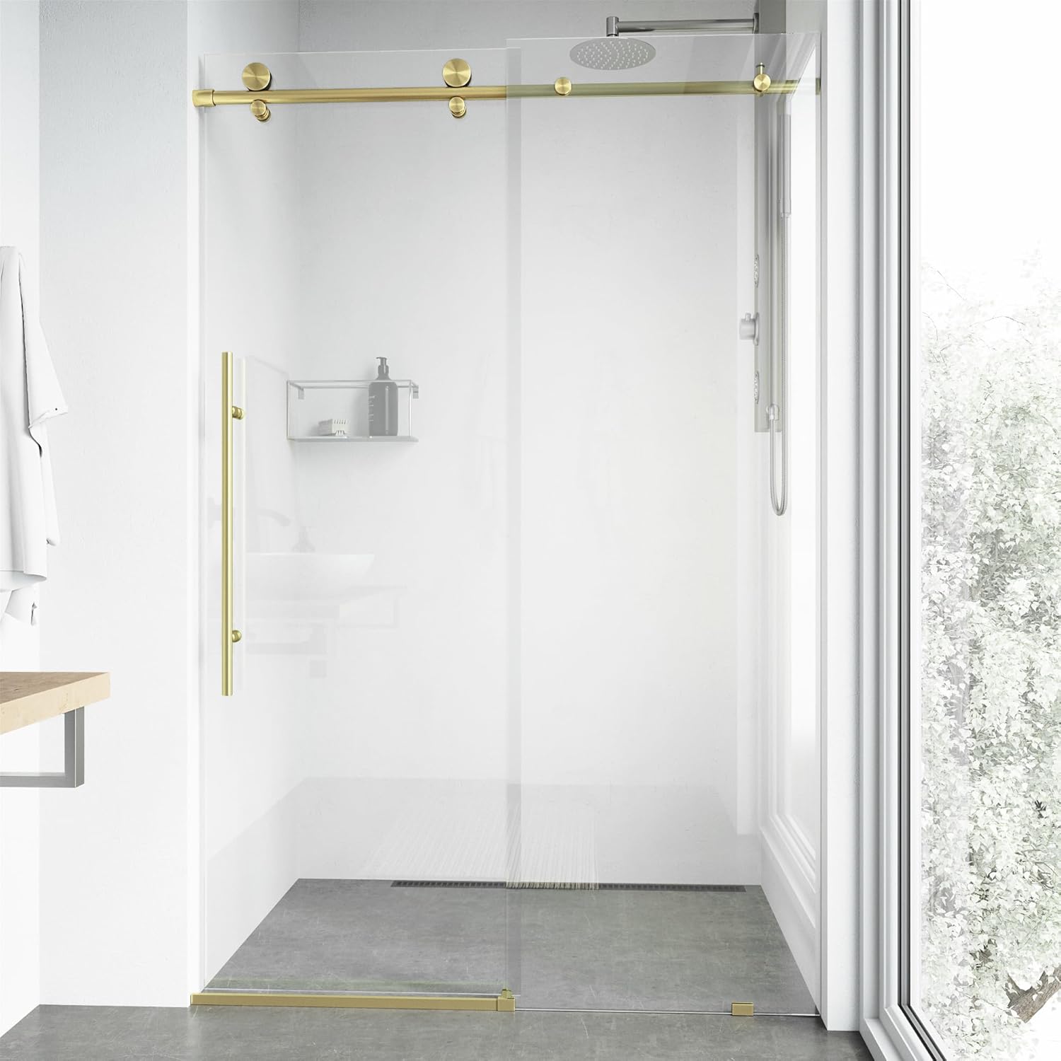 VIGO Elan E-Class 48 to 52 in. W x 76 in. H Sliding Frameless Shower Door in Matte Brushed Gold with 3/8 Clear Glass-VG6021MGCL5276