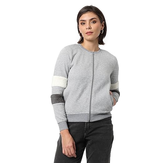 Women's Grey & White Striped Regular Fit Zipper Sweatshirt for Winter Wear | Full Sleeve | Cotton Sweatshirt | Casual Sweatshirt for Woman | Western Stylish Sweatshirt for Women