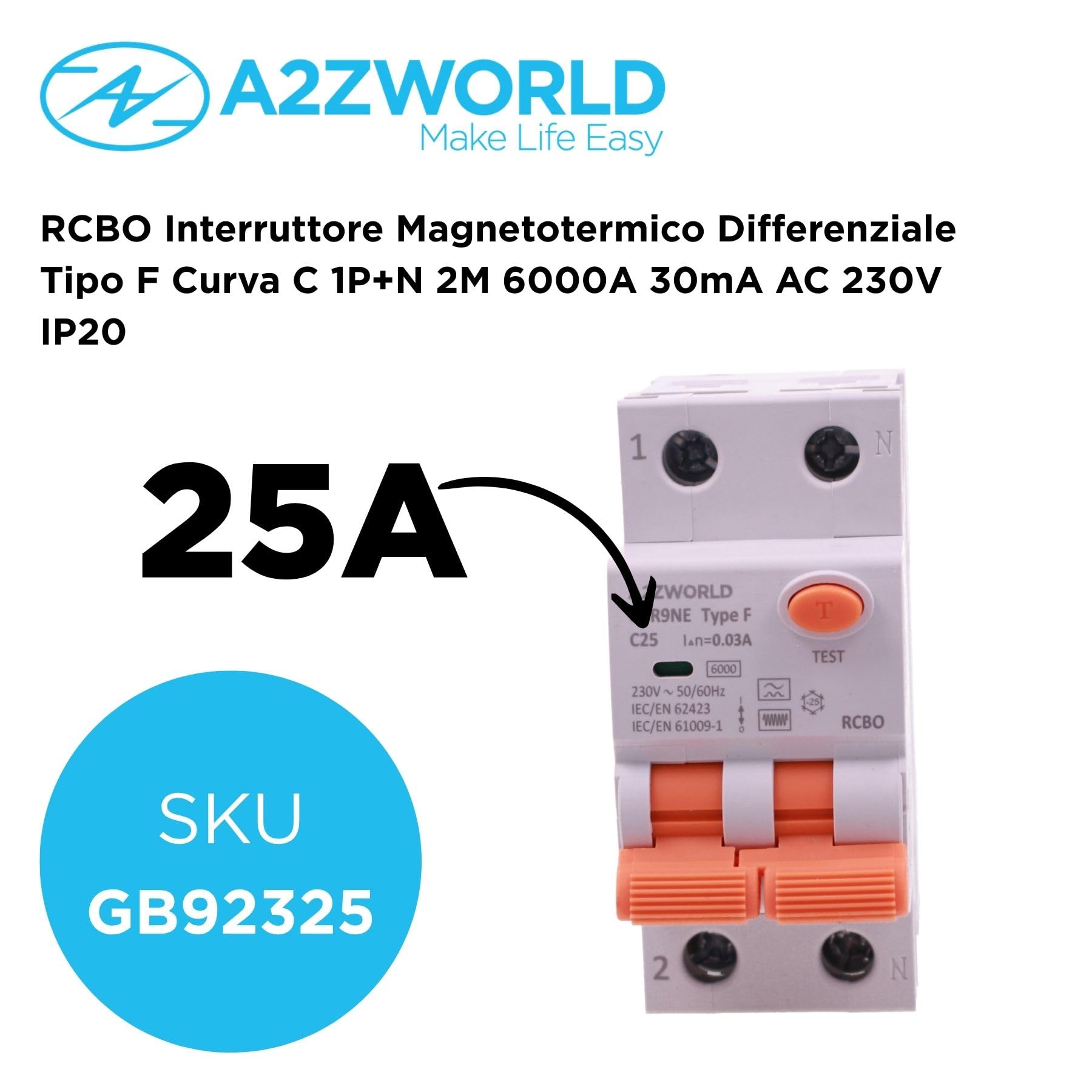 RCBO F typ 25A C25 przełącznik różnicowy z magnetotermalnym krzywą klasy F, 1P + N 6 kA, 30 mA, 2 moduły 230 VAC, podwójna dźwignia, do nowoczesnych instalacji elektronicznych