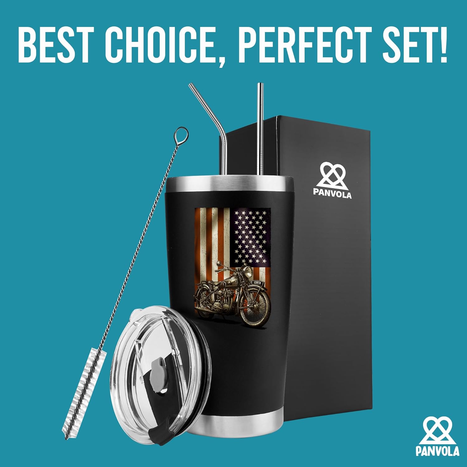 Panvola Motorcycle American Flag Motorcycle Gifts Vacuum Insulated Tumbler Rider Biker Motorcyclist US USA Retro Travel Mug with Lid and Straw 20 oz (Black, 20 oz) - Image 3