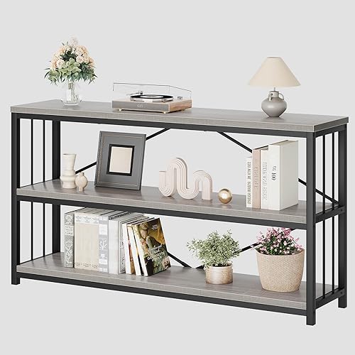 Miniatura 10 de LVB Mesa Consola Industrial de Granja, Mesas de Sofá de Entrada de Metal y Madera con Almacenamiento, Mesa de Entrada Rústica Larga de 3 Niveles