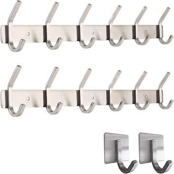 Wall Coat Rack Coat Rack Rustproof Stainless Steel - Holds up to 30kg - 6 Fixed Hooks + 1 Free Self Adhesive Hook - Simple Brushed Finish - No Sharp Edges 2X 6-Hooks Stainless Steel