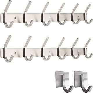 smartpeas Wall Coat Rack Coat Rack Rustproof Stainless Steel - Holds up to 30kg - 6 Fixed Hooks + 1 Free Self Adhesive Hook - Simple Brushed Finish - No Sharp Edges 2X 6-Hooks Stainless Steel