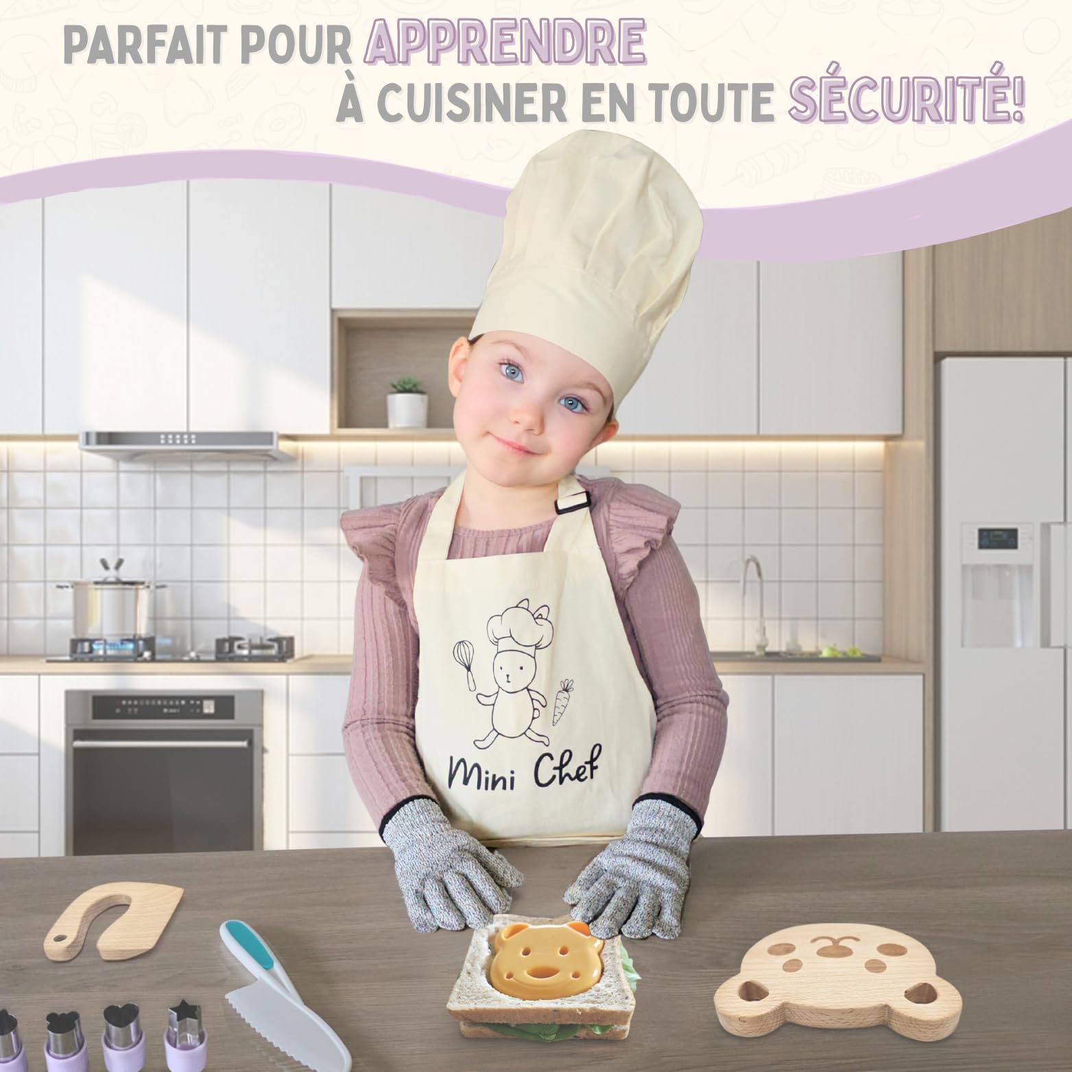 Kit Couteau sécurité de Cuisine pour Enfants - 32 Pièces, Dès 3 Ans avec Tablier et Toque - Couteau Montessori pour couper des fruits ou légumes et qui ne coupe pas les doigts