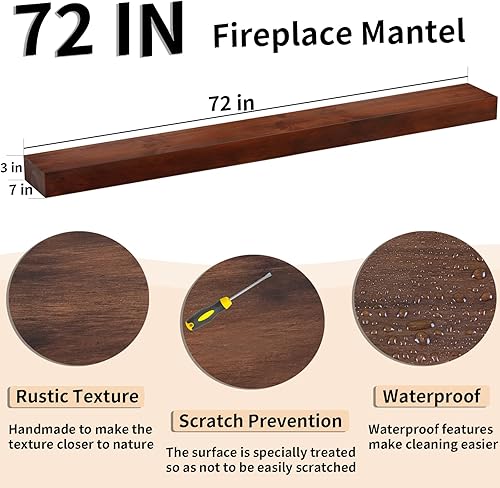 Miniatura 2 de Weyderk Mantel, mantel de chimenea de 72 pulgadas hecho a mano sólido con soporte de metal invisible resistente, estante flotante, mantel de