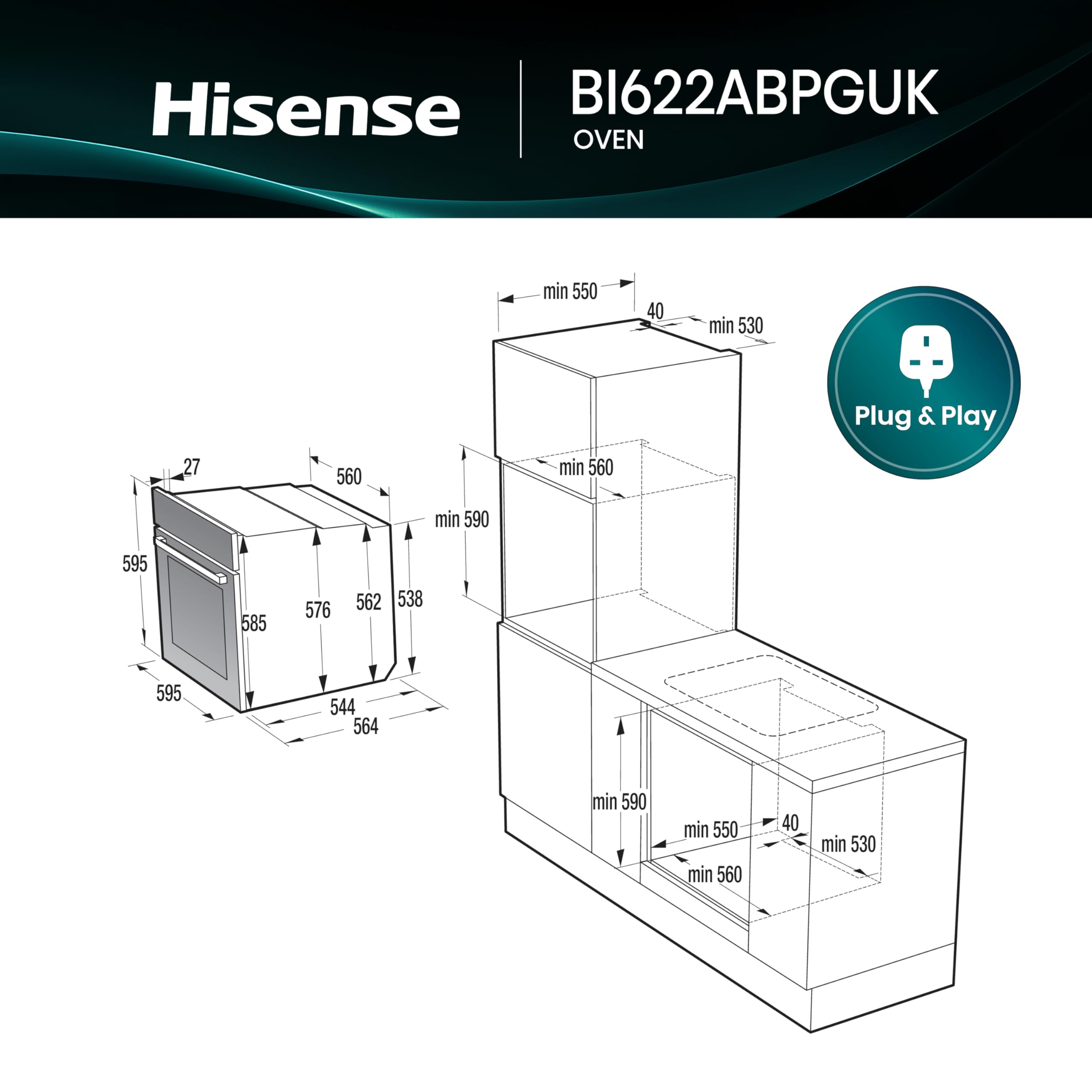 Hisense BI622ABPGUK - Built-in 77L Electric Single Oven - Stainless Steel with Even Bake, 300°C Pizza Mode, Frozen Food Mode, Steam Clean - A Rated, Extra Large — view 3