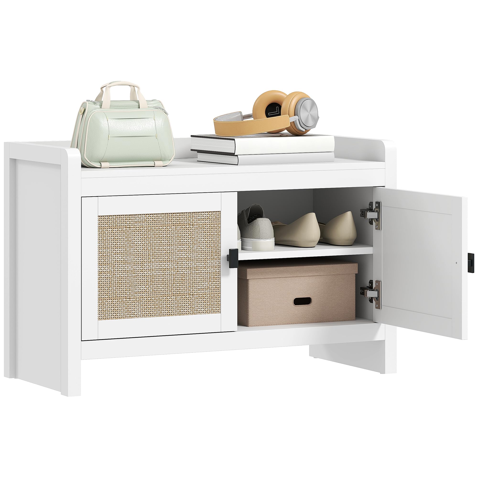 HOMCOM Banco Zapatero Bohemio Mueble Zapatero 8 Pares 80x35x52 cm Blanco | Banco de Almacenamiento con Frentes de Ratán, Puertas, Estante Extraíble, para Dormitorio o Entrada