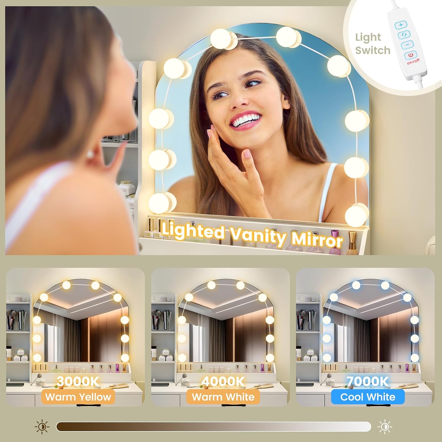 LOKO Vanity Desk Set with Mirror & Lights, Dressing Table with 3-Color Lighting & Adjustable Brightness, Desktop Organizer & 4 Drawers, 3 Open Shelves, Modern Vanity Makeup Table for Bedroom (White)