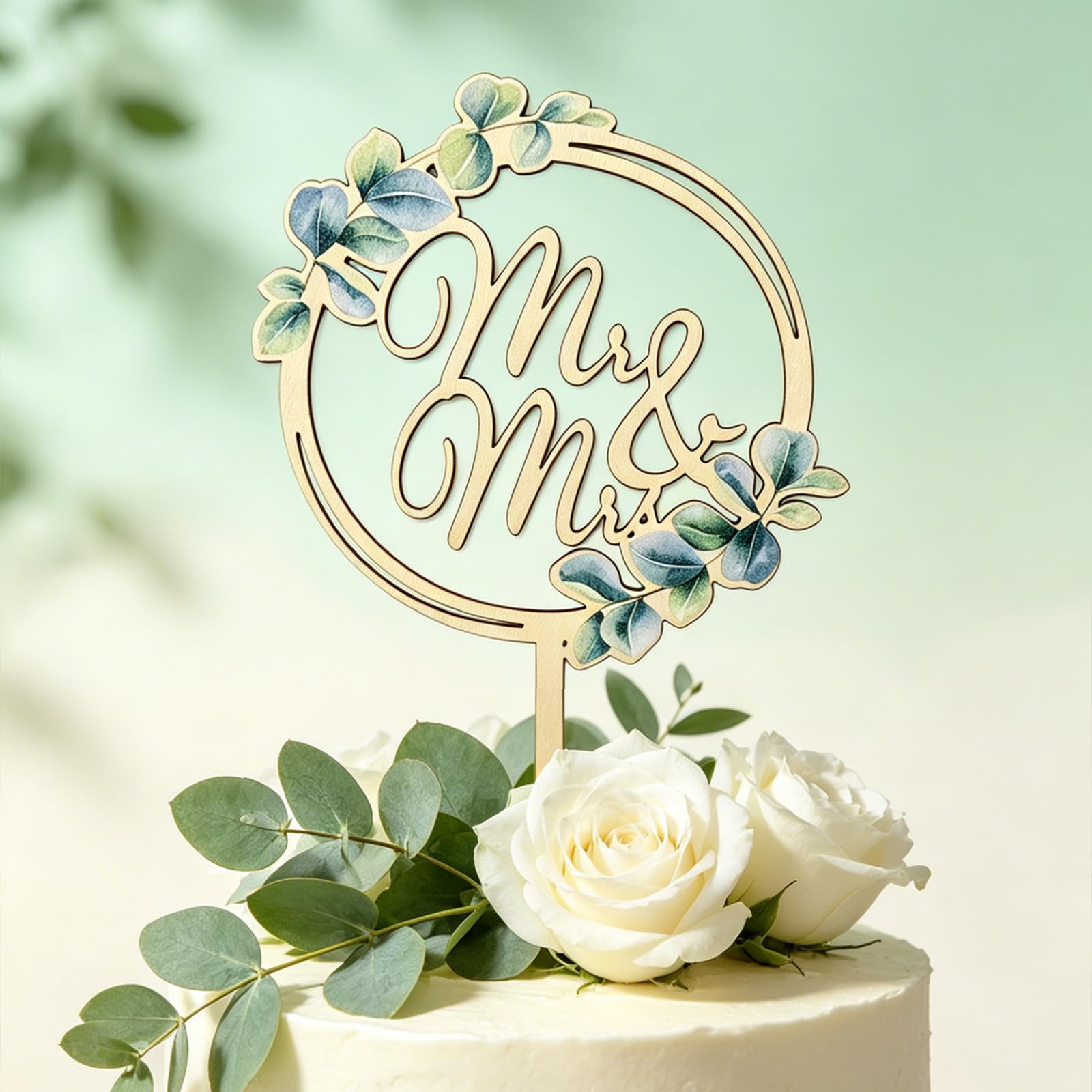 Wedding Cake Topper,Mr & Mrs Cake Topper Greeny Wedding Cake Topper in Wood for Wedding Anniversary Engagement Proposal Party Cake Decoration (Style 2)