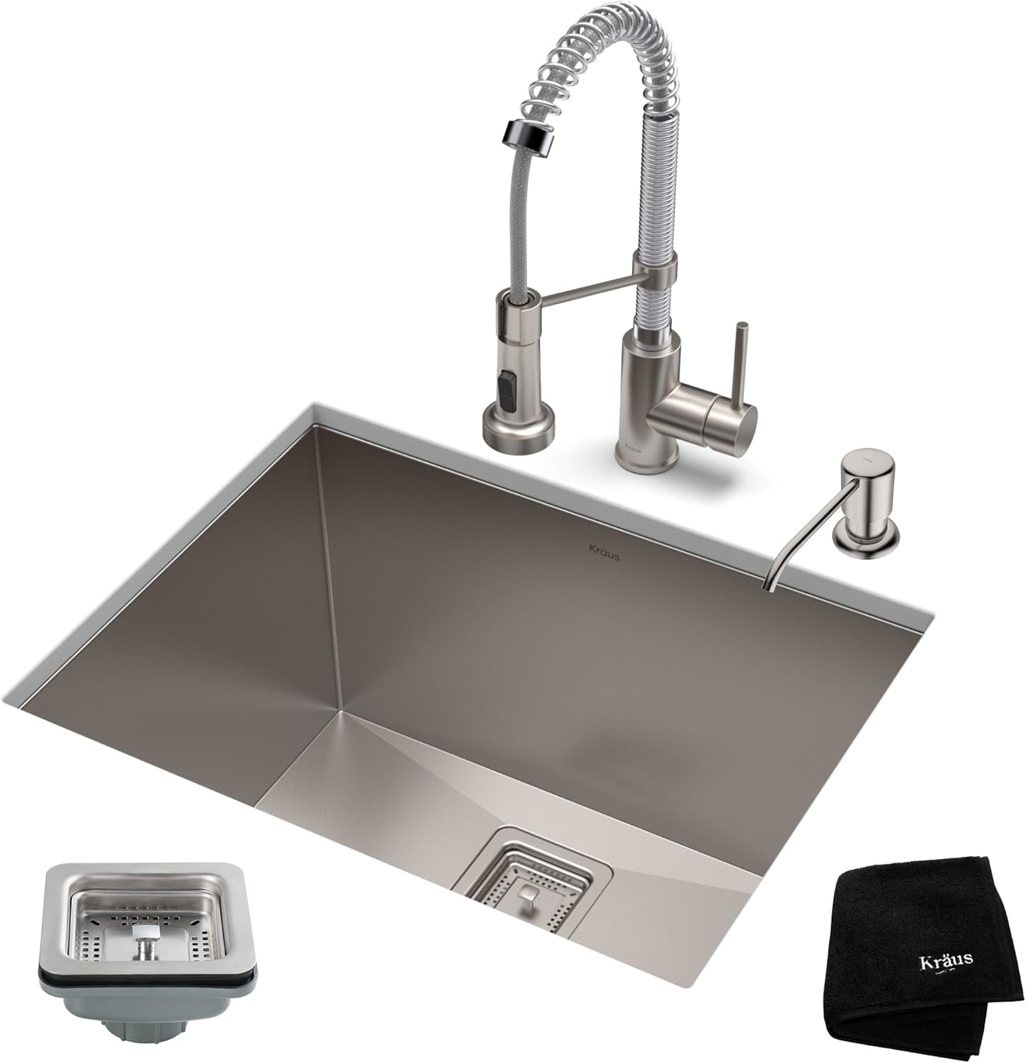 KRAUS 24-inch 18 Gauge Pax Laundry and Utility Sink Combo Set with Bolden 18-inch Kitchen Faucet and Soap Dispenser, Stainless Steel Chrome KHU24L-1610-53SSCH
