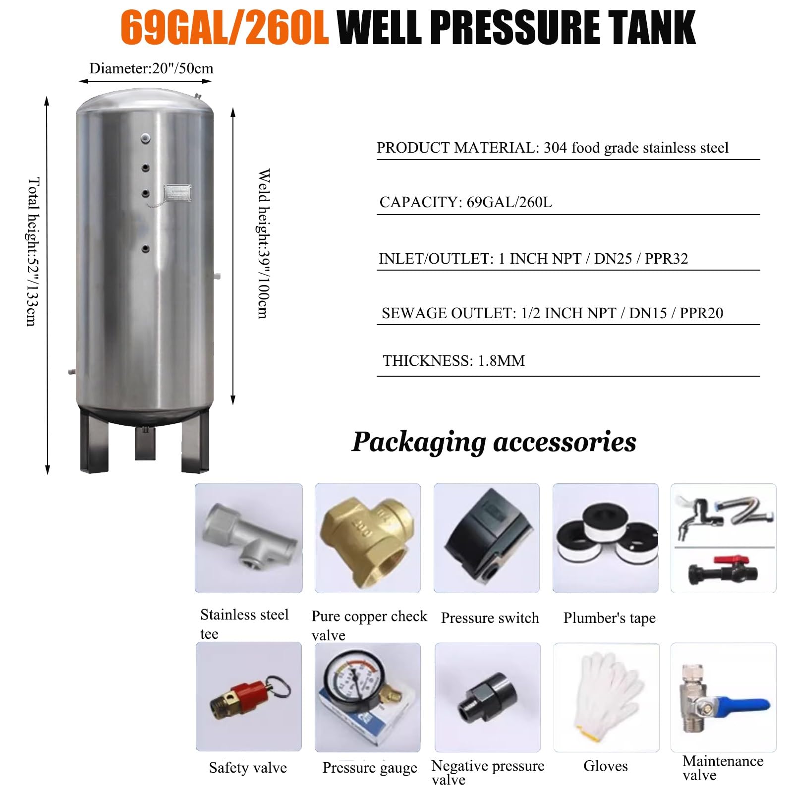Kit de depósito de presión for pozo, depósito de presión de agua de pozo de acero inoxidable 304 de grado alimentario, con kit de seguridad, 40, 69, 80, 100, 120, 145 galones.(69 gallon/260L)