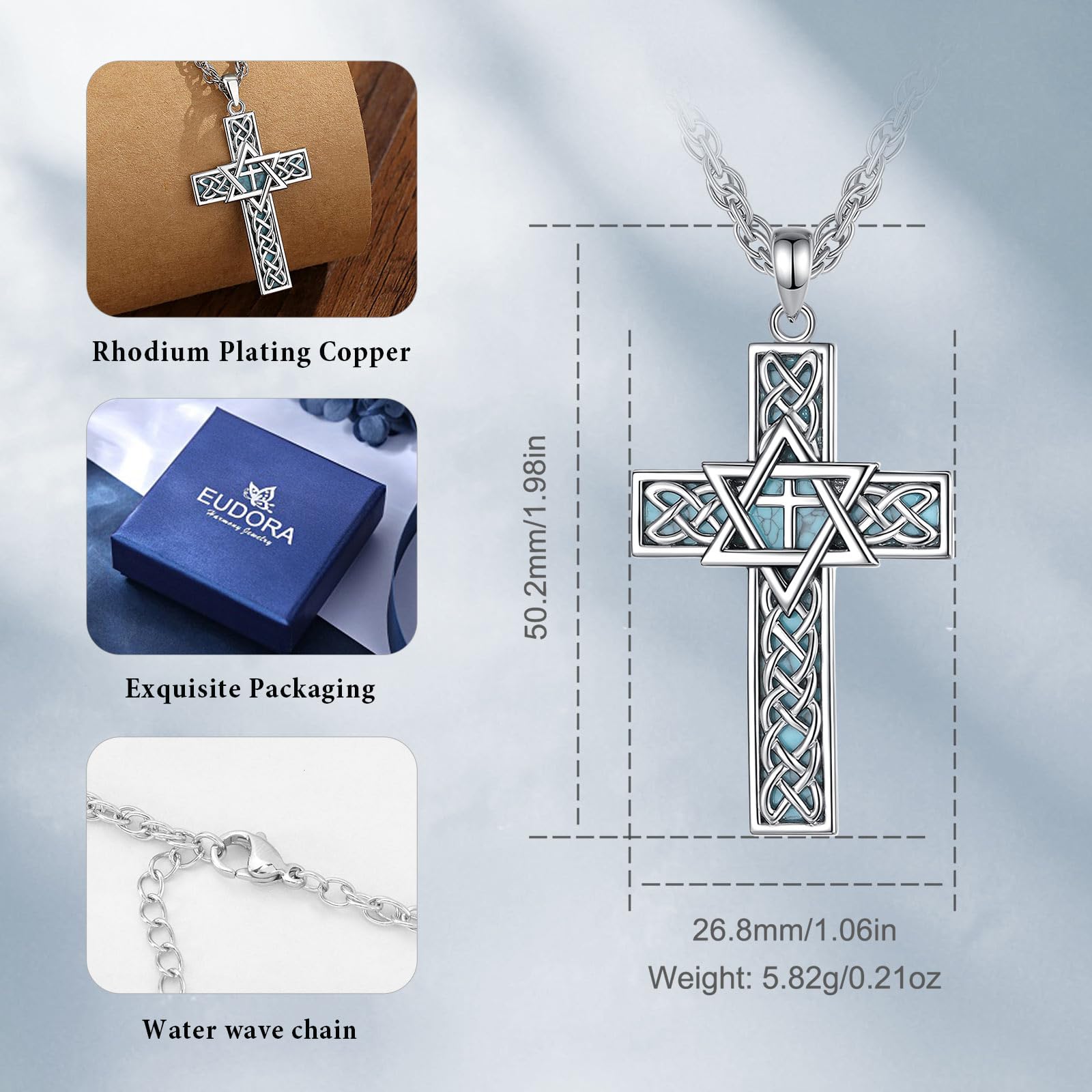 Collana Turchese per Donne e Uomini, Croce di Toro con Etichetta di Mucca Wester, Ciondolo Stella di David in Stile Country Regalo di Gioielli Boho, 24 Pollici