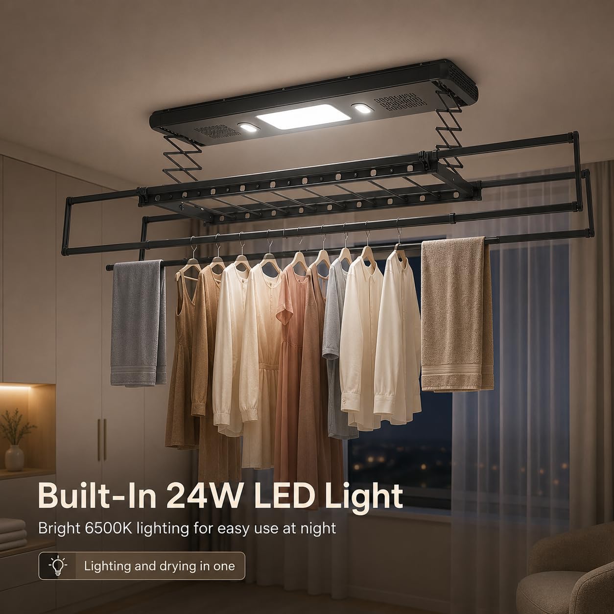 Stendibiancheria elettrico da soffitto con telecomando e luce LED, lunghezza e altezza regolabili, stendibiancheria a parete e soffitto, per famiglie, balconi, appartamenti (nero)