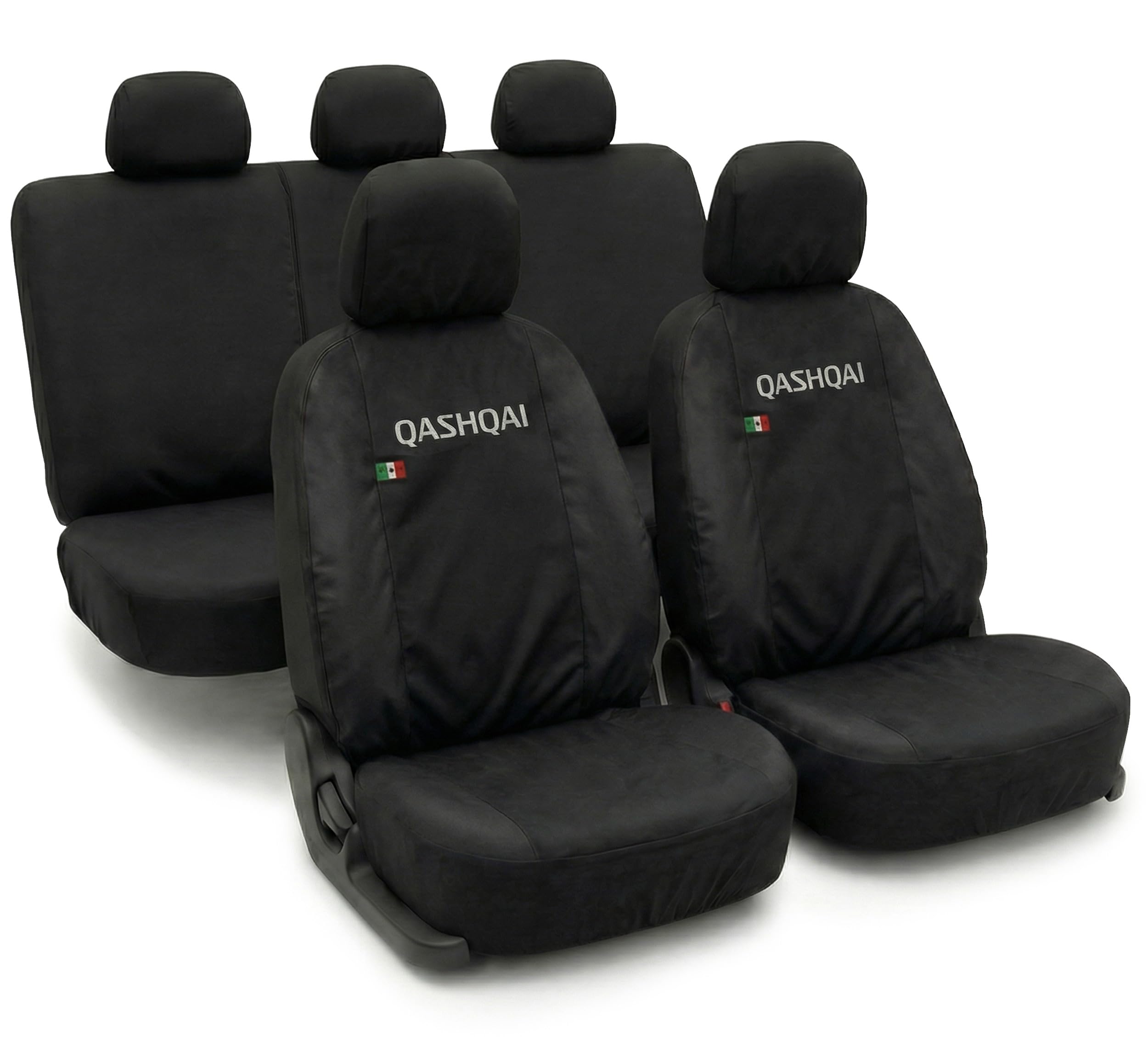 Auto Accessori Lupex Coprisedili Compatibili per Qashqai 2006-2021 J10 J11, Set Anteriori o Completo 12 Pezzi, in Policotone Traspirante (Nero, Set Completo)