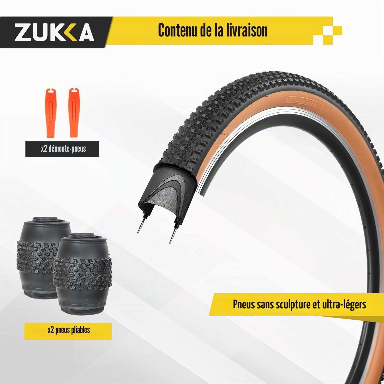 ZUKKA Lot de 2 pneus de vélo de montagne pliables 24/26/27,5/29 x 2,125 pour VTT, enfants, marron