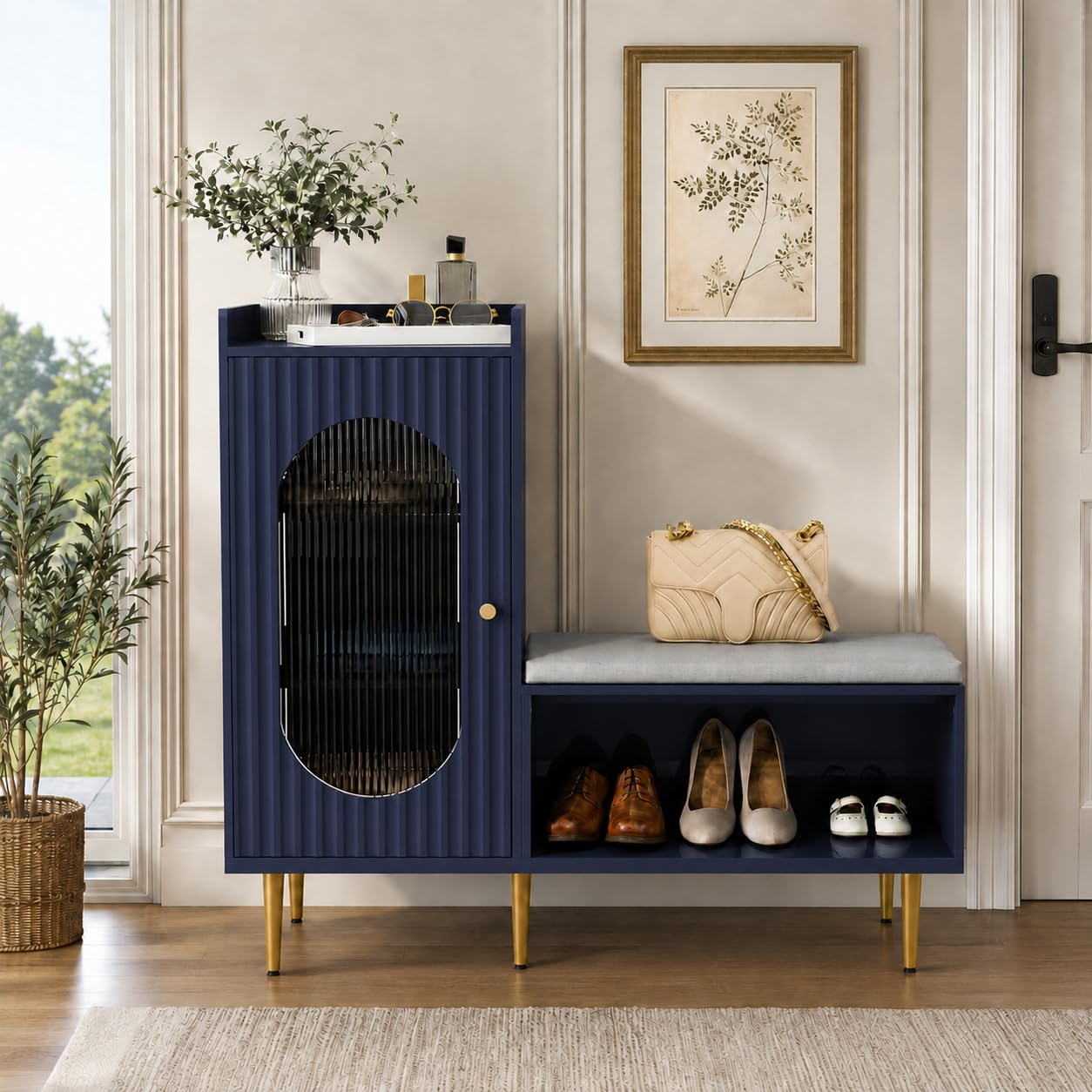 HLR Shoe Storage Bench with Glass Door&amp;Shelf, L-Shaped Shoe Cabinet, Blue