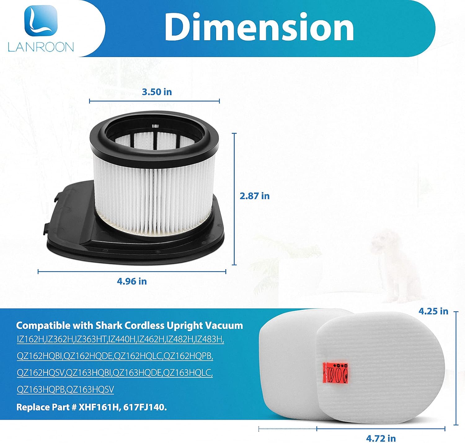 Detailed dimensions of the post-motor filter (3.50 in diameter, 2.87 in height, 4.96 in base width) and the foam/felt filters (4.25 in height, 4.72 in width).