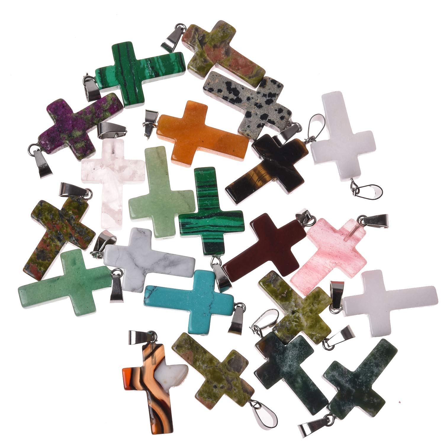 Tashidelek22PCS Cross Natural Stone Pendants Chakra Beads Crystal Quartz Healing Gemstone Charms for Necklace Earring Jewelry DIY Making (Mix Color)