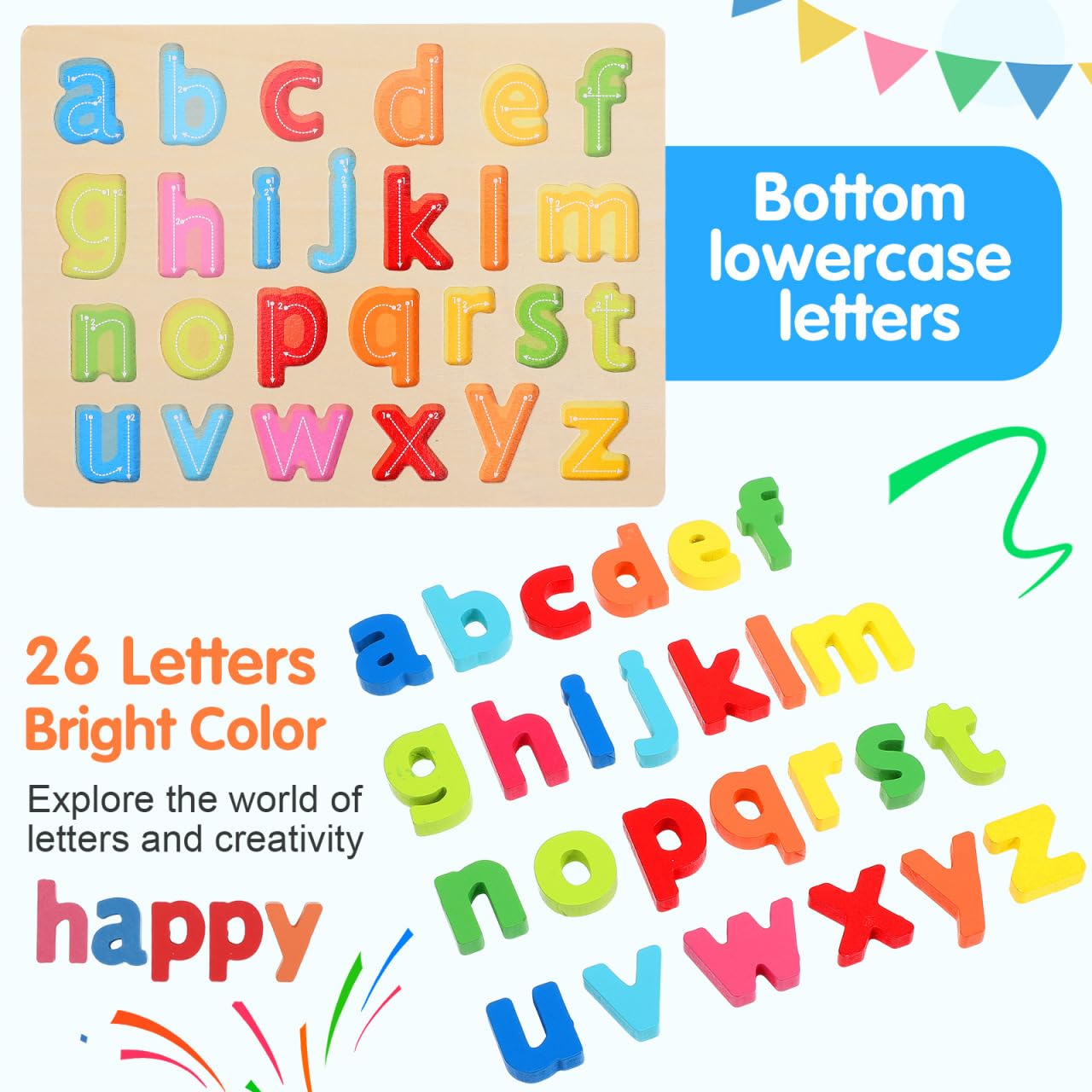 Toyvian Jeu de Puzzles Bois Alphabet Lettres Minuscules pour Garçon Fille Âge Préscolaire 3 Ans et Plus avec Lettres de A à Z Éducatif