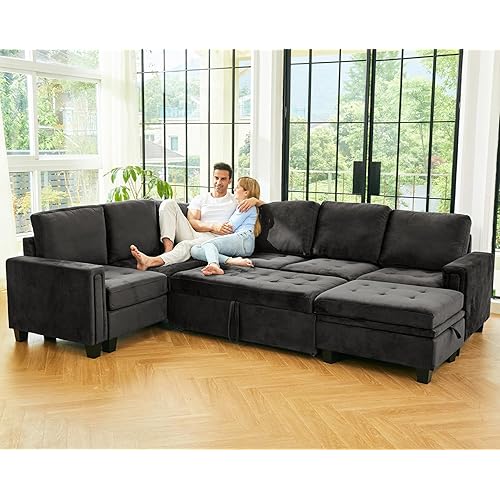 Belffin Modular Sectional Sleeper Sofa with Pull Out Bed U Shaped Sectional Sofa Couch with Storage Ottoman Velvet Covertible 7-Seater Sofa for Living Room Grey
