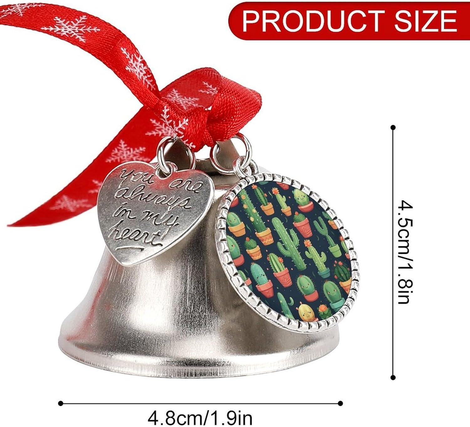 Cute Cactus Seamless Illustration Bell Ornament Red Ribbon for Christmas Tree Holiday Decoration Personality Believe Bell Ornaments Sleigh Bells for Winter New Year Party Supplies
