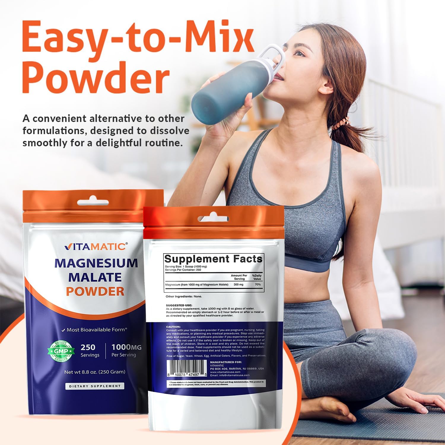 Vitamatic Magnesium Malate 1000mg per Serving Supports Muscle, Joint, and Heart Health 250 Grams - 250 Servings - Image 3