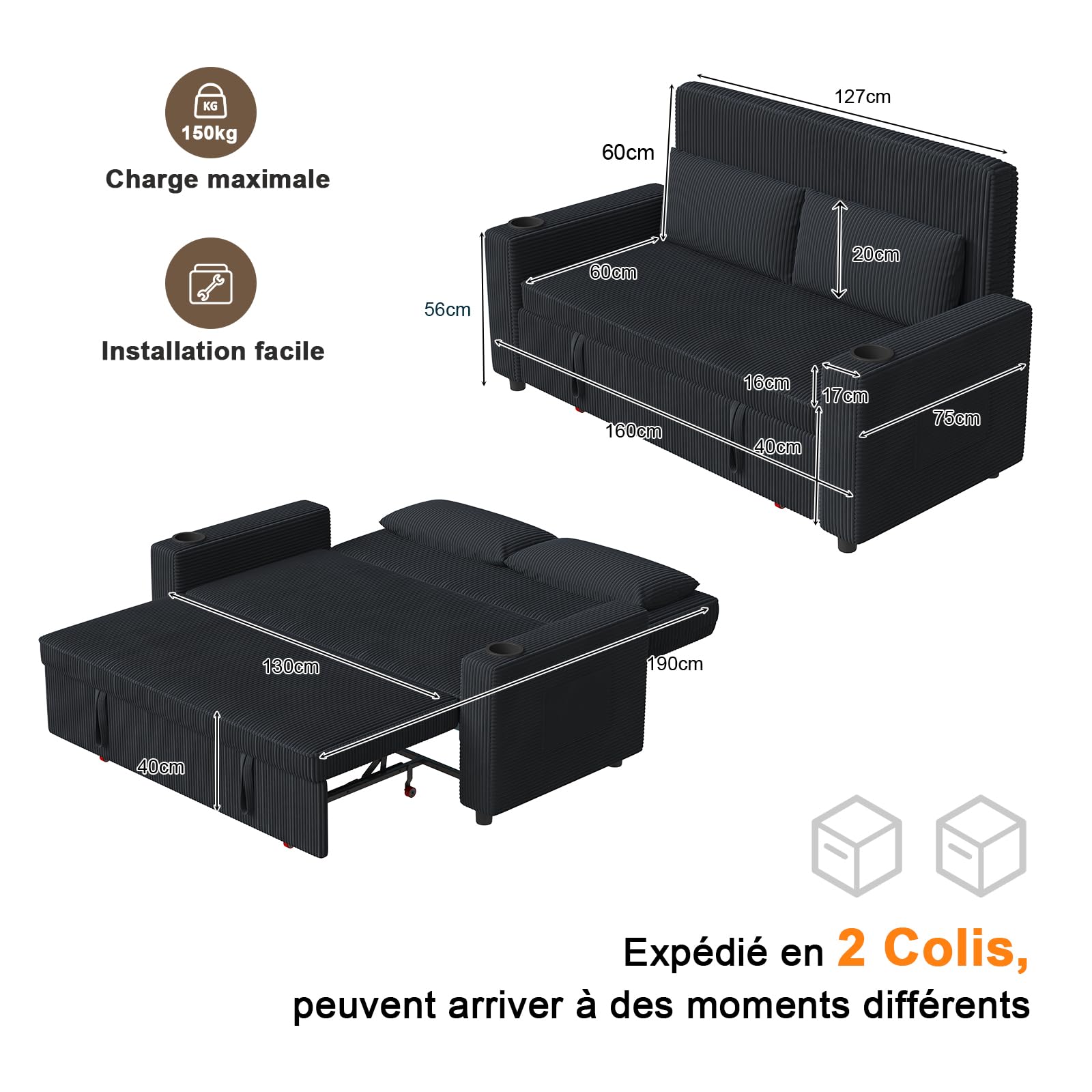 JUMMICO Canapé Convertible 2 Places Tissu côtelé, Dossier réglable, Causeuse Moderne 75×160×93 cm, Structure Solide 150 kg pour intérieur Contemporain,Couleur Bleu-Noir
